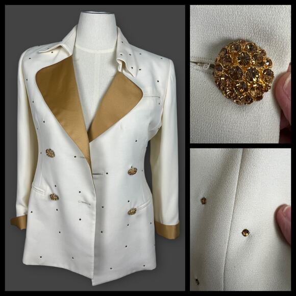 VTG Eva Polini Couture Rhinestone Blazer Womens Size 12 White Gold Bling Elegant - Picture 1 of 8